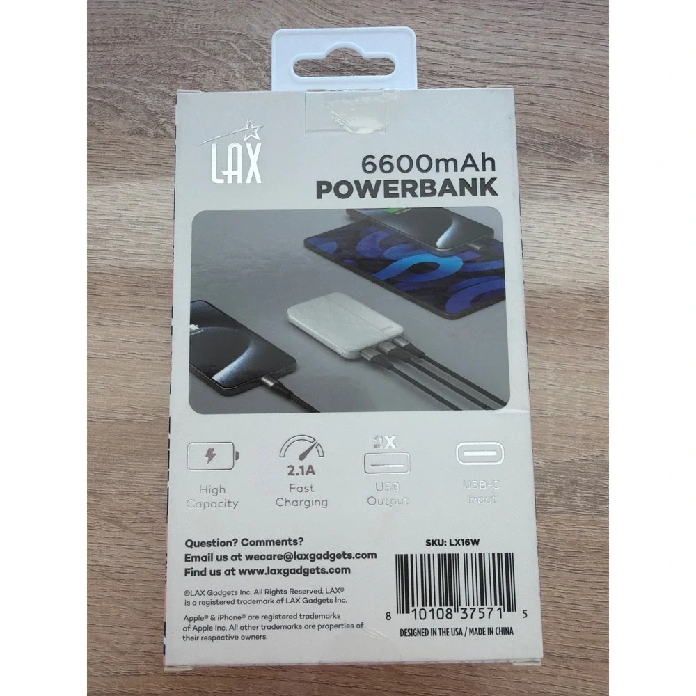 LAX 6600mAh Power Bank Portable Charger Dual USB Fast Charge White LX16W NIB